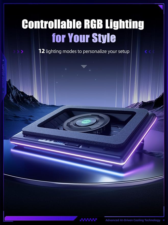 llano V12 Ultra Laptop Cooling Pad with Smart Software Control, RGB Gaming Laptop Fan Cooler Stand, 5.5" Turbo Fan, Adjustable Speed, 3-Port USB 3.0 Hub, 3 Height Stands, for 15.6"-19" Laptops, Black