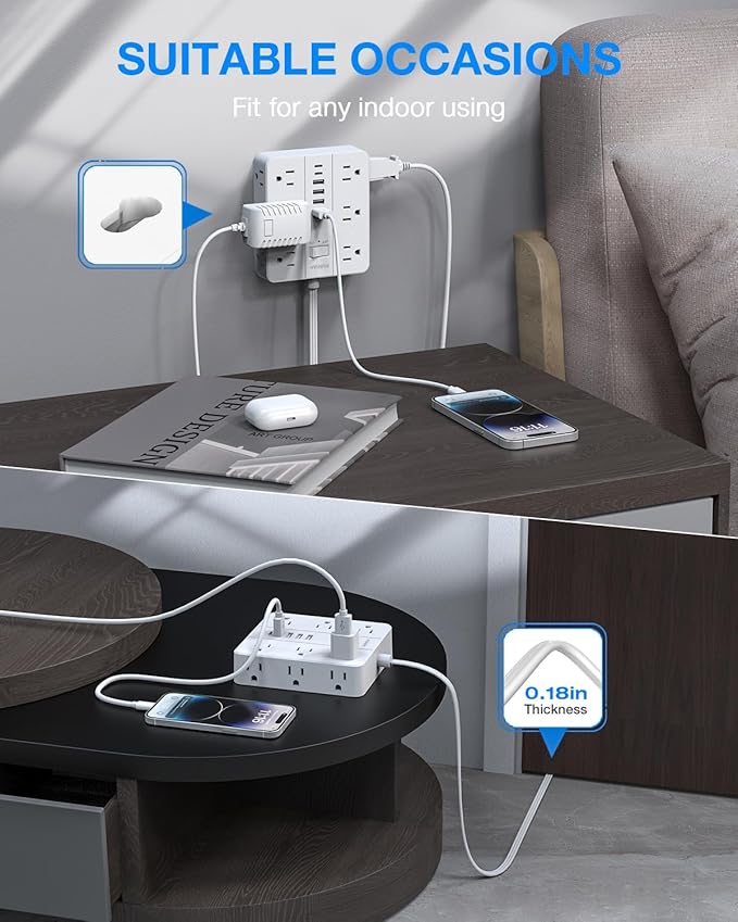 Extension Cord Power Strip 15 Ft Cord, HUNIAN Flat Plug Extension Cord with 12 Widely Spaced Outlets 6 USB Charger (2 USB C Ports), Desk Charging Station for Home Office Supplies, Dorm Room, White