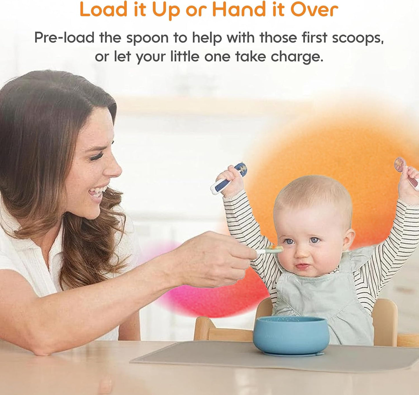 NumNum Baby Spoons Set - Pre-Spoon GOOtensils for 6+ Months | Silicone Toddler Utensils, BPA-Free, 2 Pack Blue/Orange
