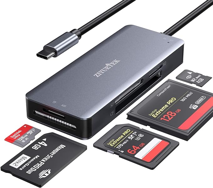 ZIYUETEK USB C SD Card Reader,5- in-1 Aluminum Thunderbolt 3 Memory Card Reader for CF, SD/SDHC,TF/Micro SD/MS/M2,CompactFlash Card for iPhone 15/16/Pro Max Android Windows MacBook