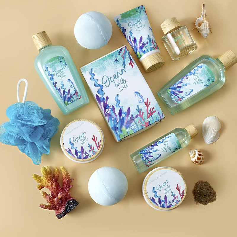 Spa Gift Basket for Women - 12-Piece Ocean Spa Set with Bubble Bath & Body Lotion | Perfect Valentine's Gift