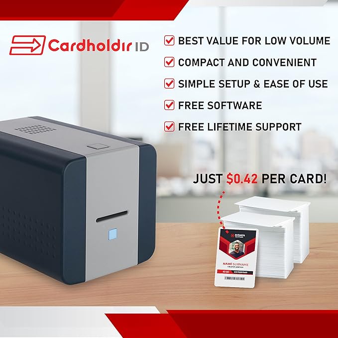 Cardholdir ID Easy Badges Solid 210 ID Badge Printer | with Beginner Software, & Everything Needed to Design and Print 400 ID Cards, | Single Sided Employee & Student ID Card Printer