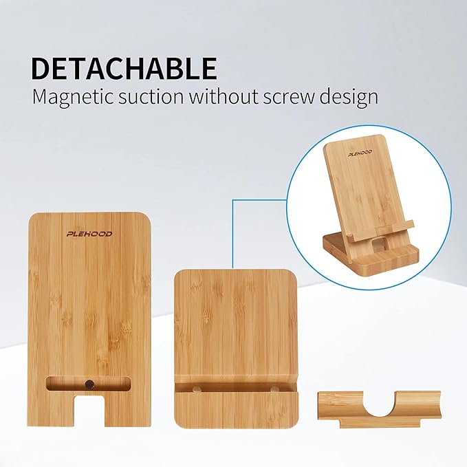 Plehood Wood Phone Stand, Desktop Wooden Phone Holder, Portable Office Phone Stand for Desk, Wood ipad Stand, Compatible with iPhone & All Cell Phones (Bamboo)