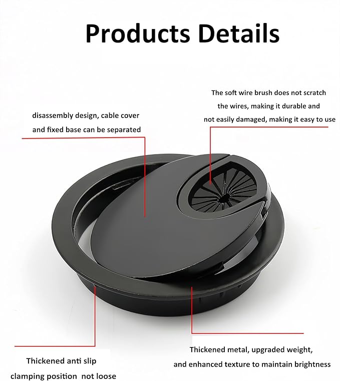 Xntun 3 Pcs Satin Nickel Metal Cable Grommet, Zinc Alloy Desk Table Grommet Cable Cord Hole Cover for Home and Office, Fits 2inchs Hole 50MM Black