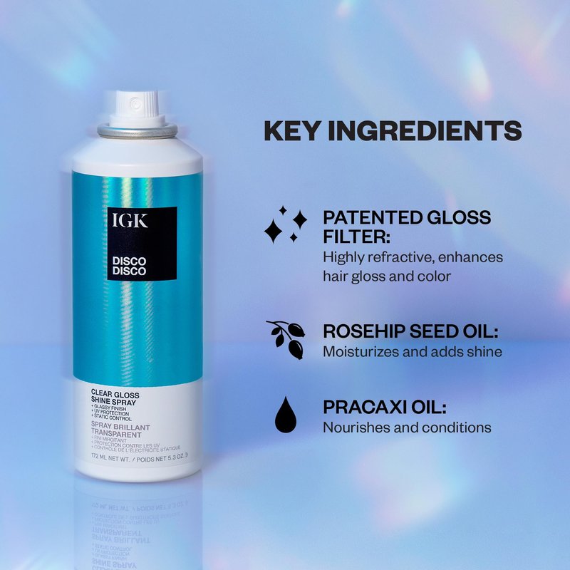 IGK Disco Disco Clear Gloss Shine Spray | Weightless Glassy Shine with a Soft Non-Greasy Finish | UV Protection Finishing Spray | 5.3 Oz