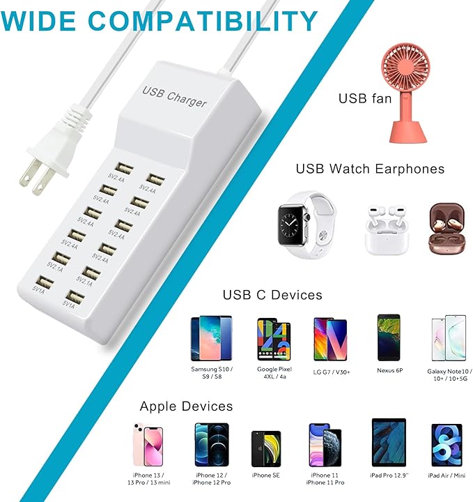 USB Charging Station Wall Charger, Multi-Port Fast Charging Block, Compatible with iPhone, Android Phones, Tablets and Bluetooth Speakers - Compact for Home Office and Travel Use White