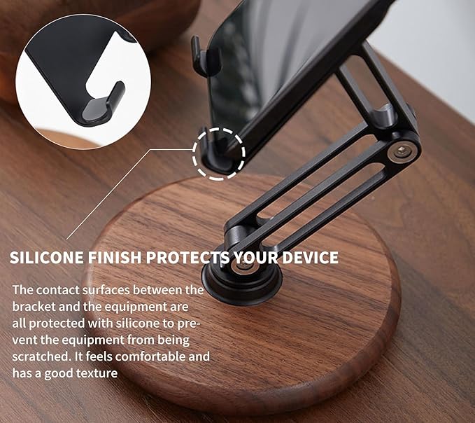 RENMTURE Phone Desk Stand, Adjustable Foldable Cell Phone Stand with 360° Rotation for iPhone 16 15 14 13 Pro ipad, Mobile Phones & Tablets Stable, Ergonomic Holder for Home Office, Walnut Wood Base