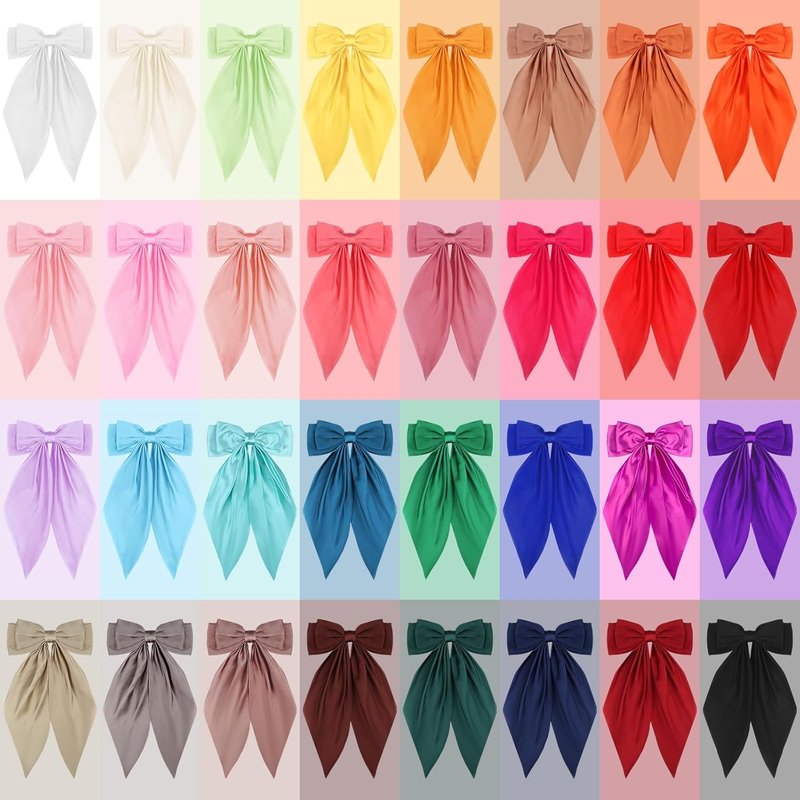 32Pcs Satin Hair Bows - Oversized Silky Hair Clips for Women | Large Ribbons with Long Tails