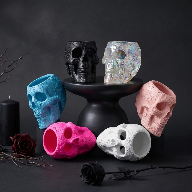 Skull Makeup Brush Holder, Pen Holder, Vanity, Desk, Office Organizer, Stationary, Decor Planter, Candy Bowl, Goth Decorations, Extra Large, Skulls Gothic Skull & Bones Organizer Bathroom (Cloud Pink)
