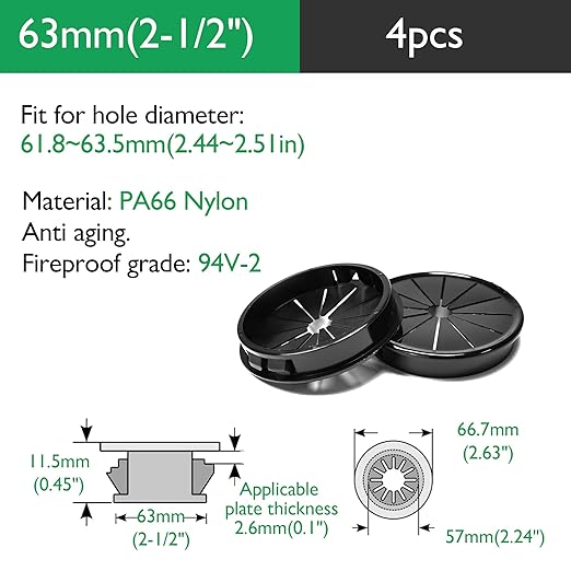 EASYEAH 4PCS Cable Grommets, 2-1/2"(63mm) Desk Hole Cover Petal Shaped Buckle Type Nylon Snap Bushing Grommet, Wire Hole Cover Insert for Cables and Cords Management and Protection of Cabinet, Black