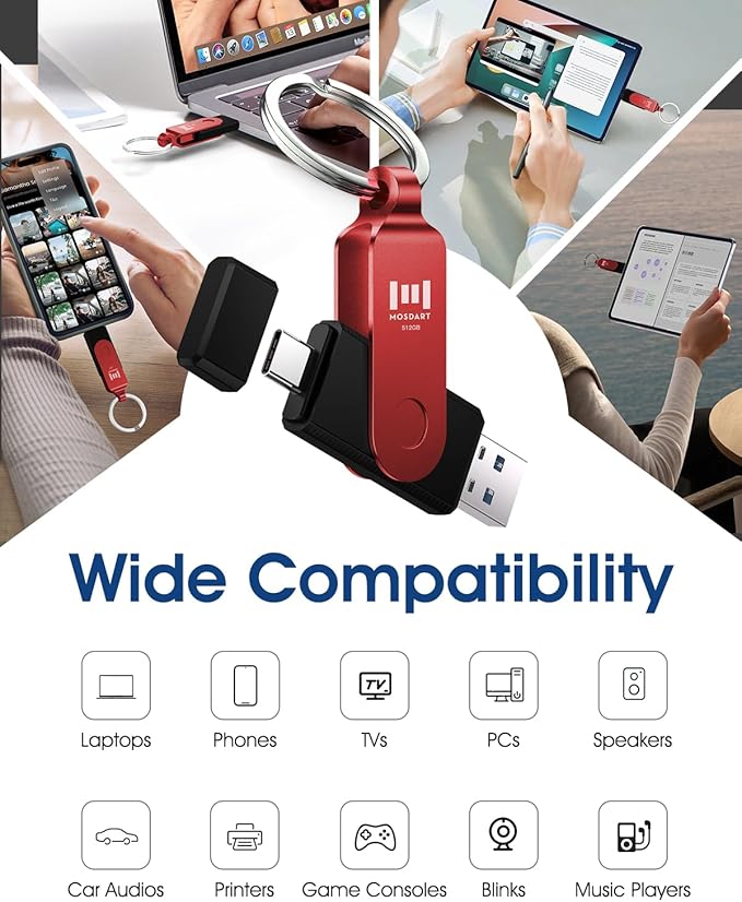 MOSDART 512GB USB C 3.2 Fast Speed C and A Dual Flash Drive, exFAT Memory Stick with Keychain and LED Indicator, for iPhone 15,16,17, Android Phone, iPad, MacBook, and Other Laptops, Red