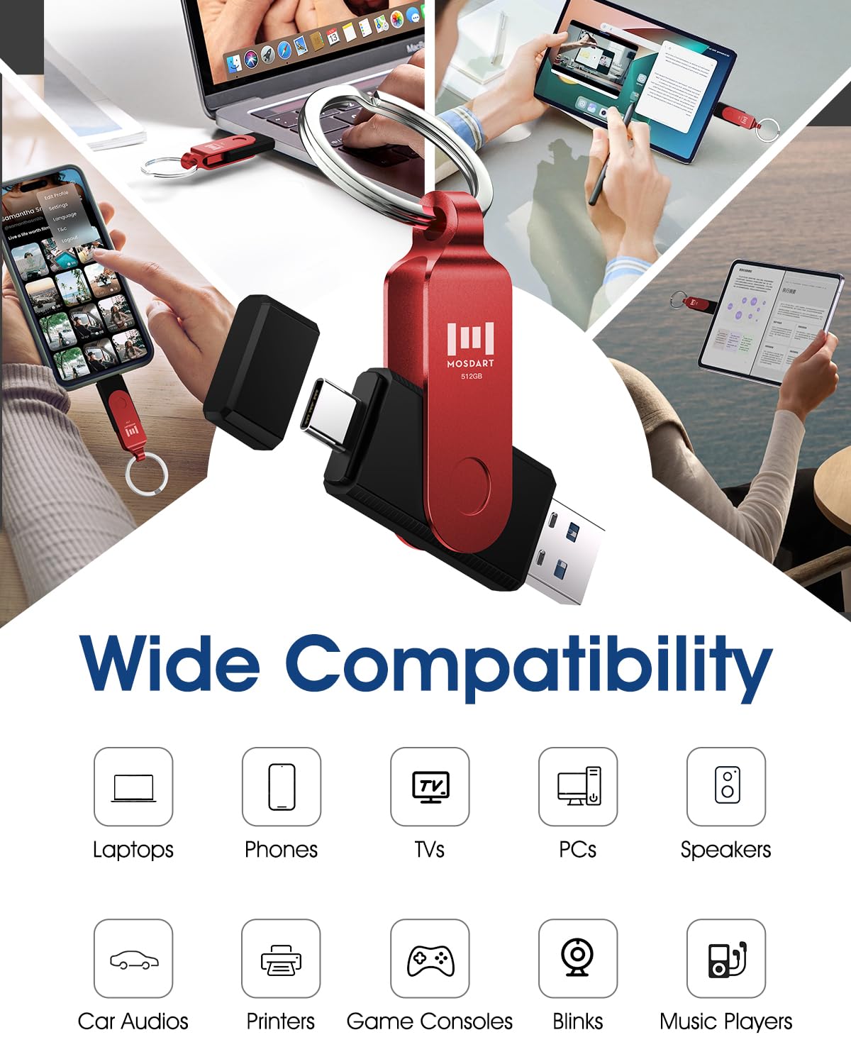 MOSDART 512GB USB C 3.2 Fast Speed C and A Dual Flash Drive, exFAT Memory Stick with Keychain and LED Indicator, for iPhone 15,16,17, Android Phone, iPad, MacBook, and Other Laptops, Red