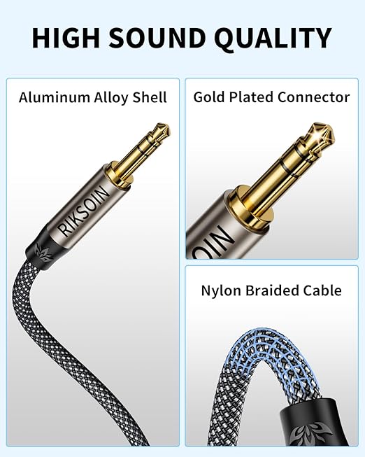 RIKSOIN 3.5mm Nylon Braided Aux Cable, Silver-Plated Wire Core Male to Male Cord for Headphones Car Home Stereos Speaker Compatible with iPhone iPad iPod Echo More-10FT