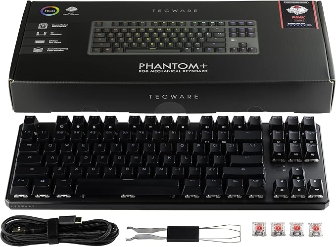 TECWARE Phantom+ 87 Mechanical Gaming Keyboard | RGB LED Backlit | Hot Swappable Wraith Red Switches | 87 Key TKL Layout | Thocky Sound Profile | Detachable USB-C Wired | Black