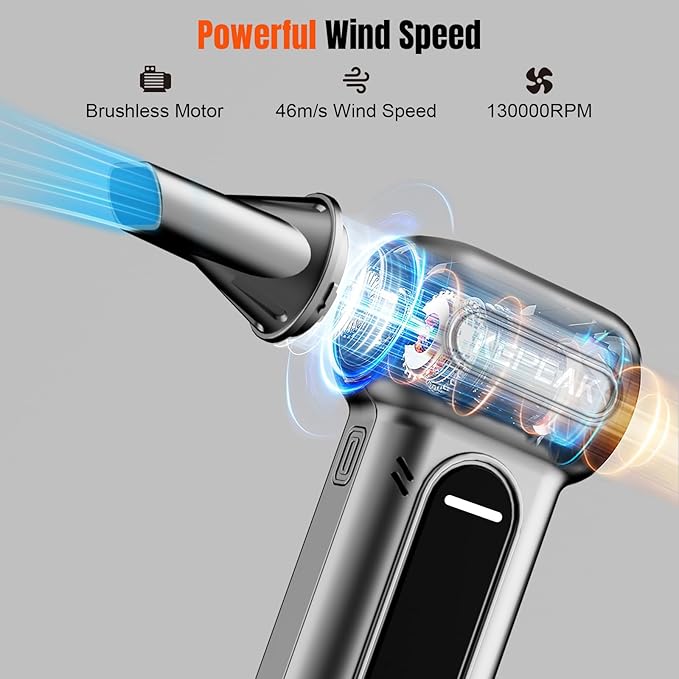 KEPEAK Electric Compressed Air Duster, 130000RPM Cordless Rechargeable Air Duster with Brushless Motor, 4 Gear Adjustable Dust Blower for Computer, Keyboard, Home & Outdoor