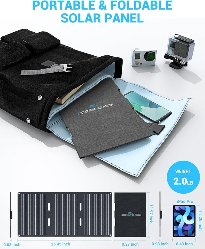 Ecosonique 30W Portable Foldable Solar Panel Charger with USB-C & USB-A