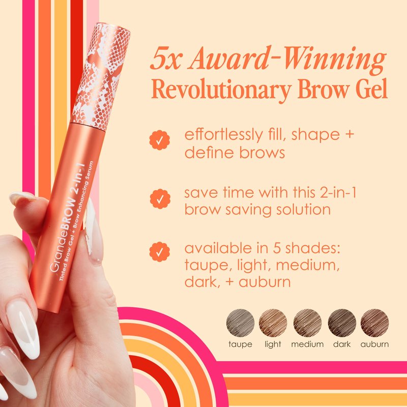 Grande Cosmetics GrandeBROW 2-in-1 Tinted Brow Gel + Brow Enhancing Serum for Thicker & Darker-Looking Eyebrows, Shape & Fill Brows, with Castor Oil & Mini Fibers - Auburn, Travel Size (0.07 fl oz)