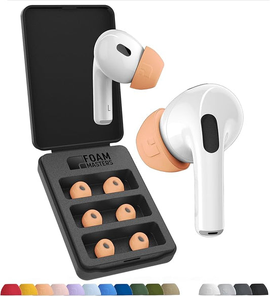 Foam Masters Ultra-Premium Memory Foam Ear Tips for AirPods Pro 1st & 2nd Gen | 3 Pairs | New Ver. | Secure Fit | Super Comfort | Better Noise Cancel | Replacement Buds (Large, Peach)