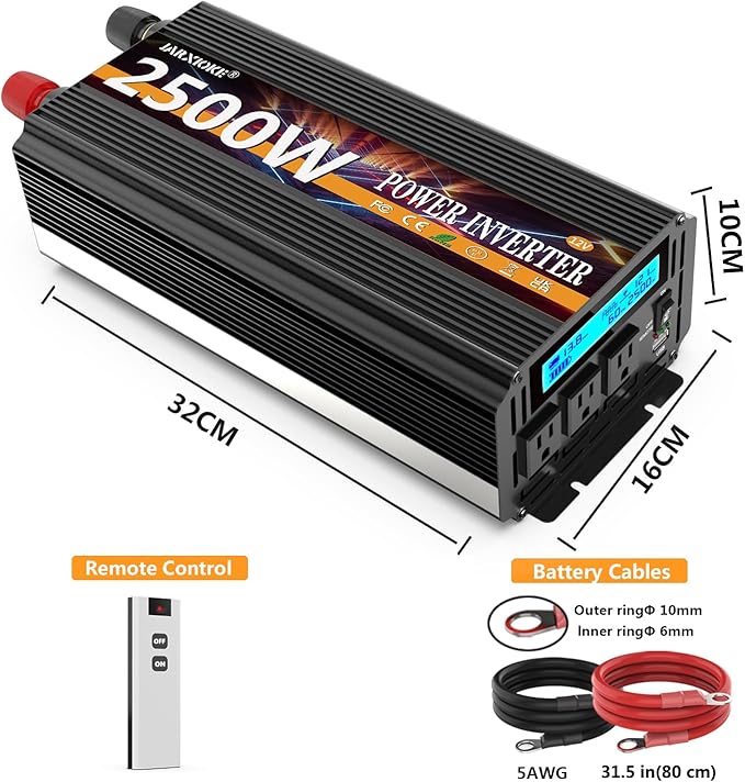 JARXIOKE 2500W Power Inverter 12V DC to AC 110V/120V (Peak) 5000W Converter 3 sockets car Inverter with Remote Control and LED Display 3.4A USB Port
