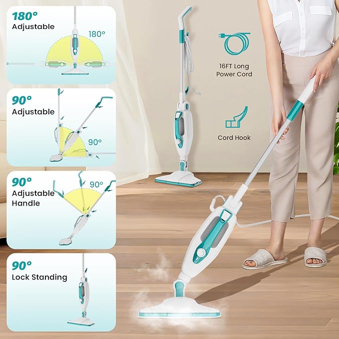 10-in-1 Steam Mop, 1550W Detachable Handheld Steam Cleaner with 350ML Tank for Floor Cleaning, 16FT Power Cable, 2 Washable Pads, Multi-Purpose Steamer for Hardwood, Carpet, Tile, Windows,Cyan