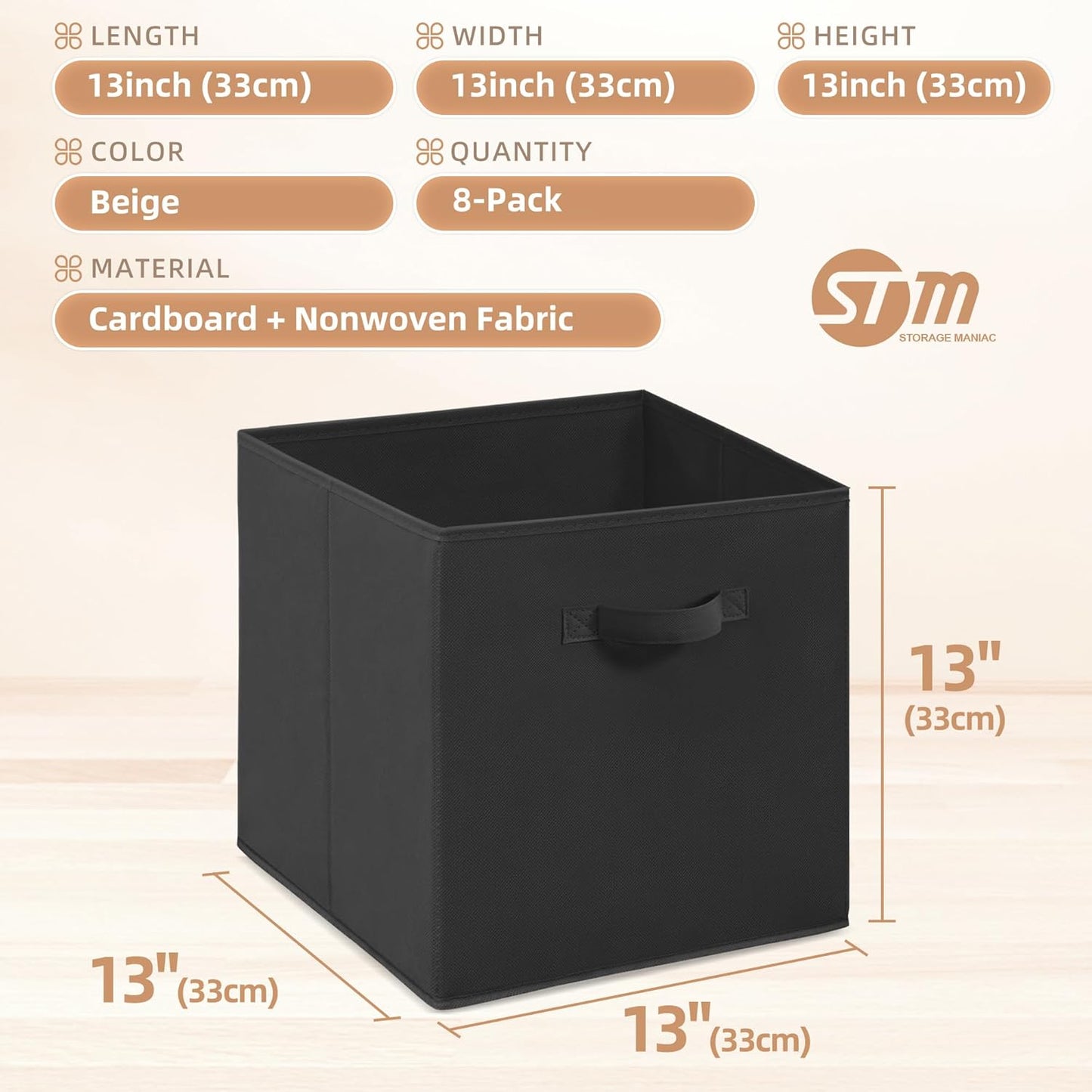 Storage Maniac Storage Cubes - 13 Inch Collapsible Fabric Bins with Handles | 8-Pack Black for Easy Organization