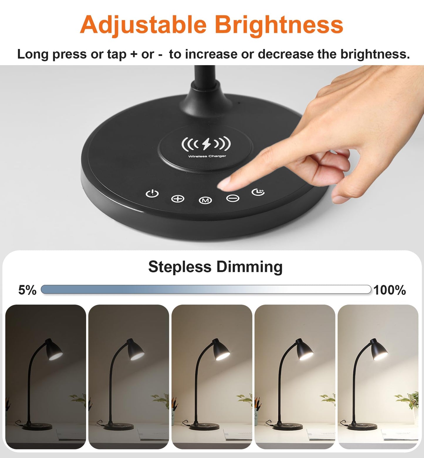 BOHON Desk Lamp for Home Office, LED Desk Light with USB C+A Charging Ports, Wireless Charger, 5 Colors Stepless Dimming Reading Light Timer, Touch Bedside Table Lamp for College Dorm Room Black