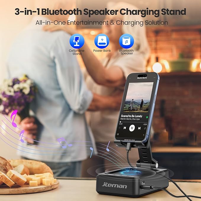 JTEMAN Cell Phone Stand with Bluetooth Speaker and Charging Function, HD Sound Adjustable Phone Holder, Birthday Gifts for Men Women, Cool Tech Kitchen Gadgets for All Phones,Tablet (Black)