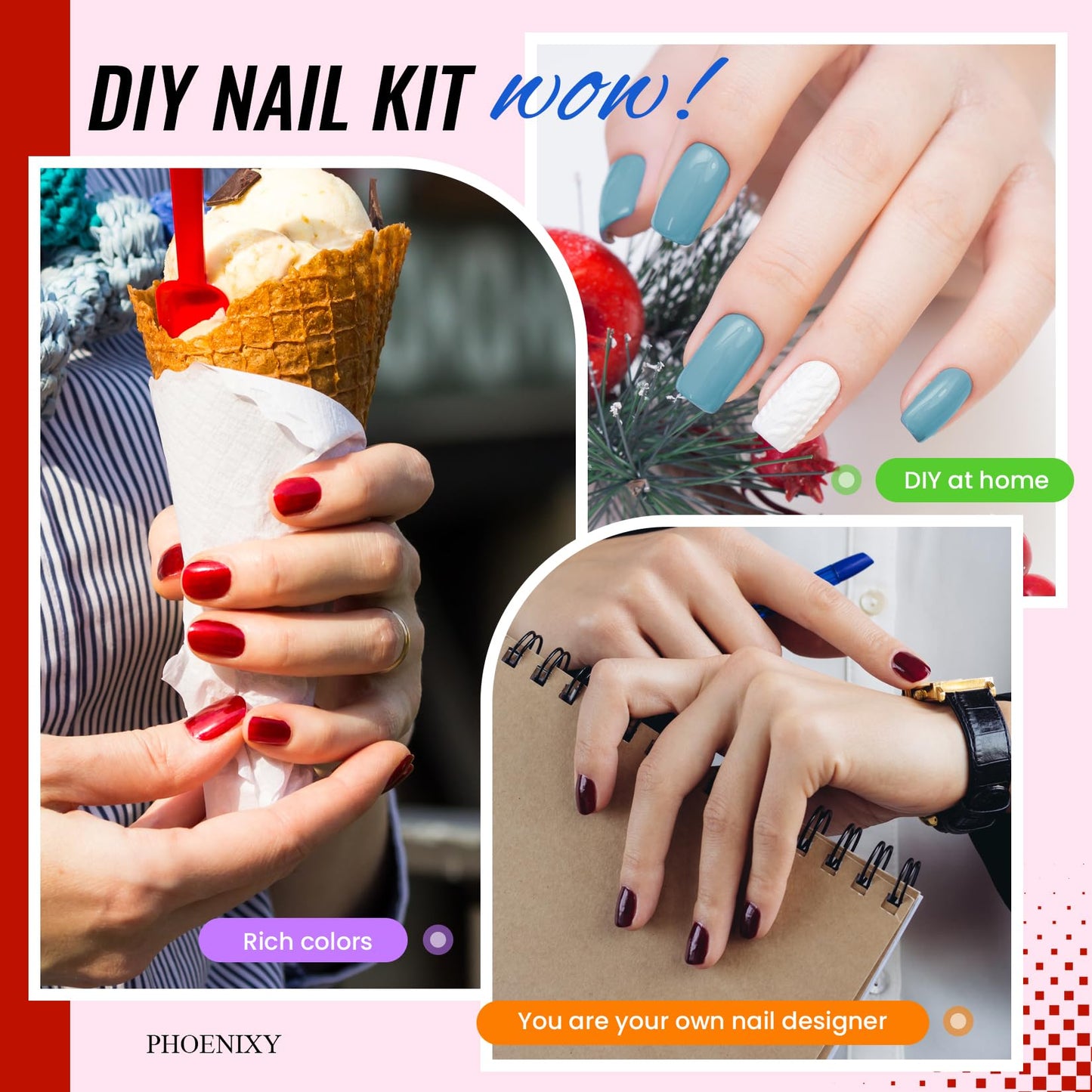 PHOENIXY 71 Pcs Gel Nail Polish Kit with U V Light, 55 Colors Gel Polish Set Red Black White with 5 Pcs Base and Glitter Matte Glossy Gold Top Coat Manicure Starter Nail Polish Set Gifts for Women
