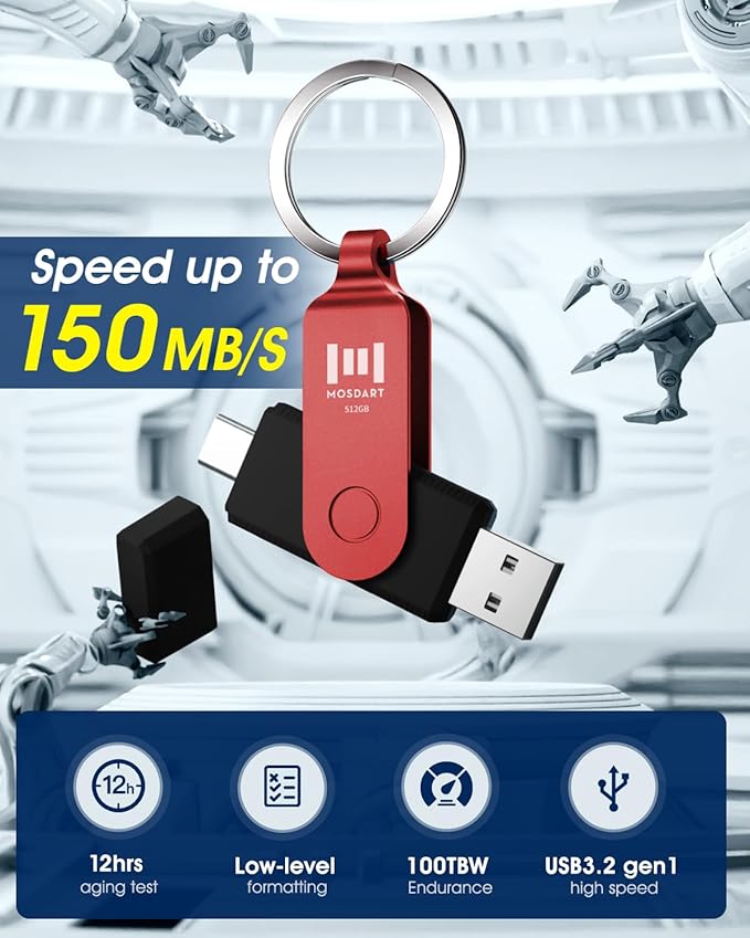 MOSDART 512GB USB C 3.2 Fast Speed C and A Dual Flash Drive, exFAT Memory Stick with Keychain and LED Indicator, for iPhone 15,16,17, Android Phone, iPad, MacBook, and Other Laptops, Red