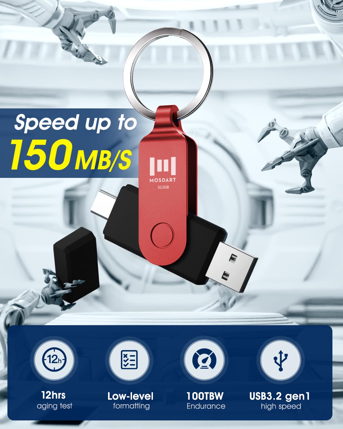 MOSDART 512GB USB C 3.2 Fast Speed C and A Dual Flash Drive, exFAT Memory Stick with Keychain and LED Indicator, for iPhone 15,16,17, Android Phone, iPad, MacBook, and Other Laptops, Red