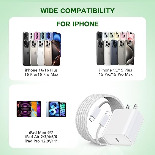 iPhone 16 15 Charger Fast Charging,3Pack 20W USB C Charger Type C Chargers Plug Wall Chargers 10FT USB-C Woven Charge Cable for iPhone 16e/16 Pro Max/16Pro/16 Plus/15 ProMax/iPad Pro/Air/Mini,AirPods