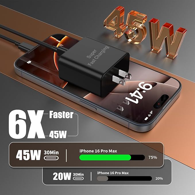 iPhone 17 16 Pro Max Charger Fast Charging, Super Fast USB C Chargers for iPhone 17 (6FT+6FT+10FT) Type C Chargers Cord with Fast Charger Block for iPhone 17/16/15 Series/iPad/ GalaxyS26/S25 Black