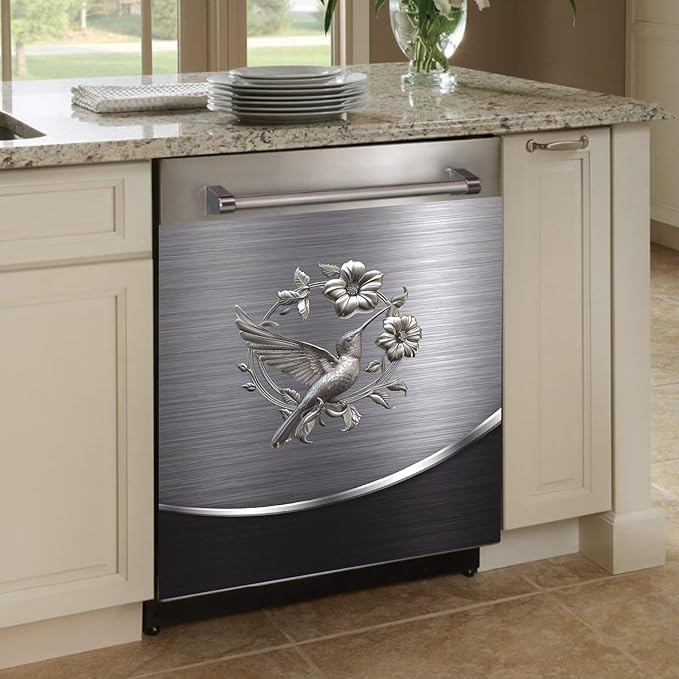 Grey Metal Silver Bird with Flower Pattern Magnetic Dishwasher Cover Sheet Polishing Steelbird Dishwasher Skin Decor Silver Texture 23X26 INCH Magnet Rerigerator Kitchen Panel Decal Sticker