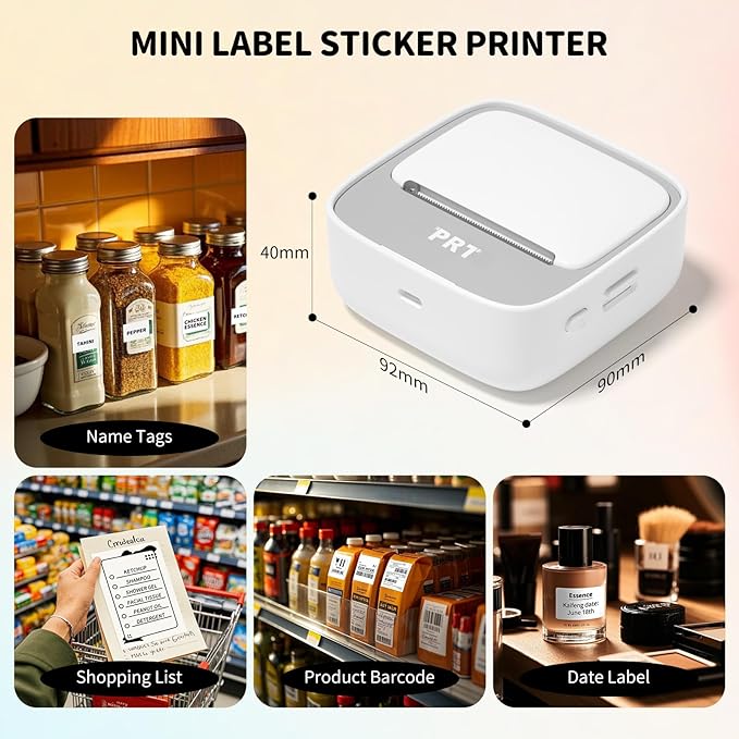 PRT Mini Sticker Printer, Portable Thermal Printer with 1 Roll Sticker Paper, Inkless Sticker Maker, Bluetooth Label Printer for Study Notes,Lists,Pictures,DIY Creations Printers for Home Use, Grey