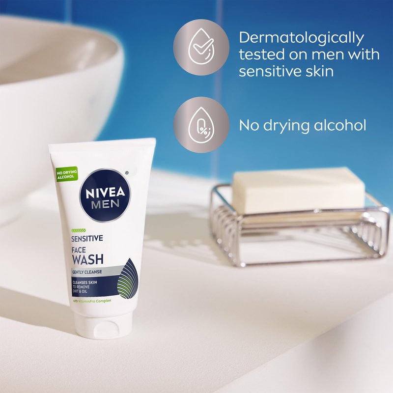NIVEA MEN Sensitive Face Wash with Vitamin E and Chamomile Extract, No Drying Alcohol, Gentle Face Wash for Men with Sensitive Skin, 5 Fl Oz Tube