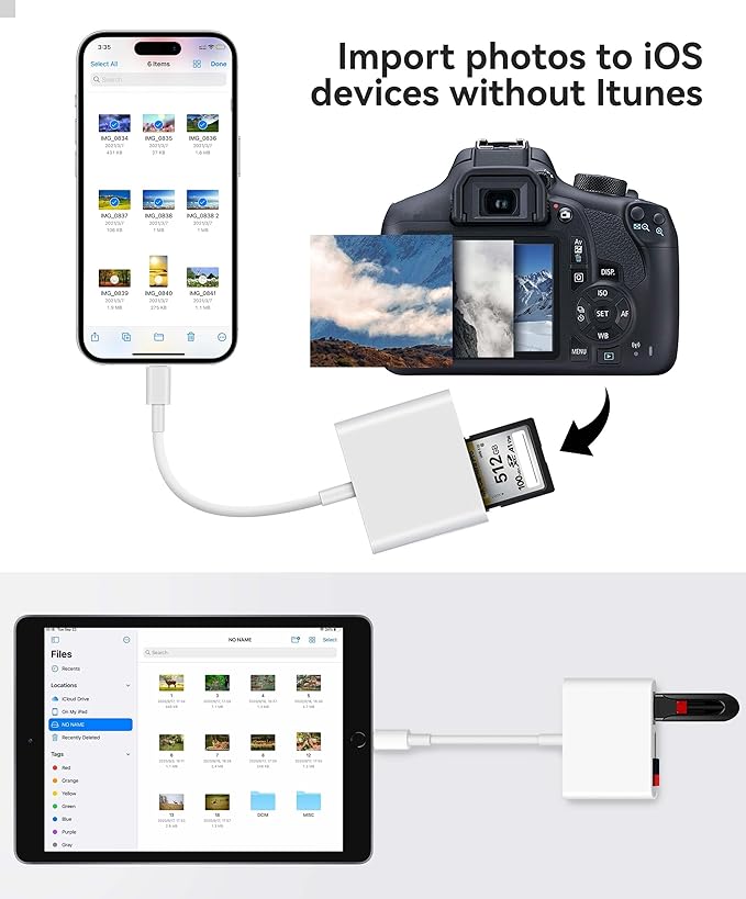 AkHolz SD Card Reader for iPhone iPad Built-in Lightening & USB-C Dual Connectors Card Adapter with SD MicroSD USB-A 3 Slots Trail Camera Memory Card Viewer, Portable No App Required Plug and Play