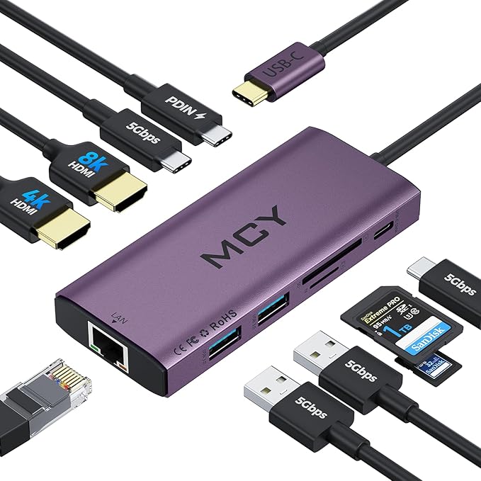 MCY USB C Hub,Laptop Docking Station Dual Monitor Single 8K,2x4K@60Hz,10in1 Type-C Multiport Adapter with PD100W,Card Reader,Extender,Splitter,Ethernet Dock for MacBook Ipad Pro/Dell/HP/Surface etc.