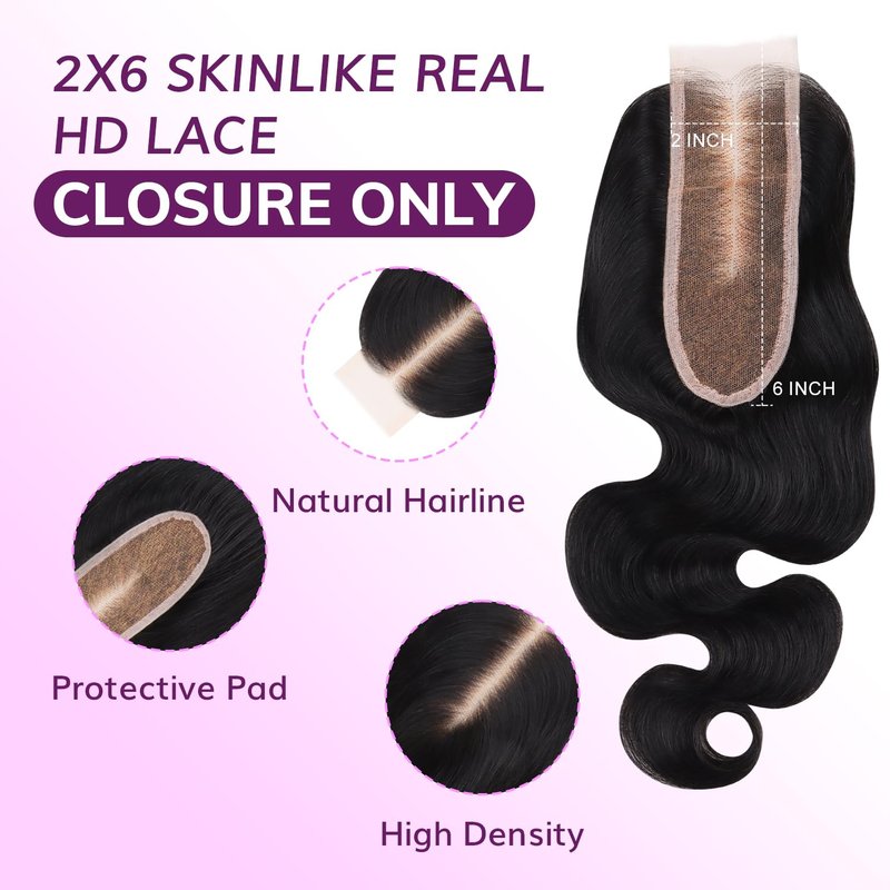 IDN BEAUTY SKINLIKE REAL HD 2X6 Lace Closure Human Hair 14 Inch Body Wave Closure Bleached Single Knots HD Closure Ultra-thin 2x6 Lace Closure Virgin Human Hair 0.1 mm Pre Plucked Hairline Closure