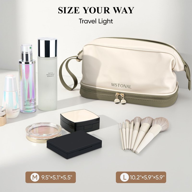 MSTONAL Travel Makeup Bag, Large Capacity Double Layer Cosmetic Bags for Women, Waterproof Portable Make Up Skincare Pouch with Makeup Brush Organizer, Toiletry Bag for Essentials, Beige & Olive Green