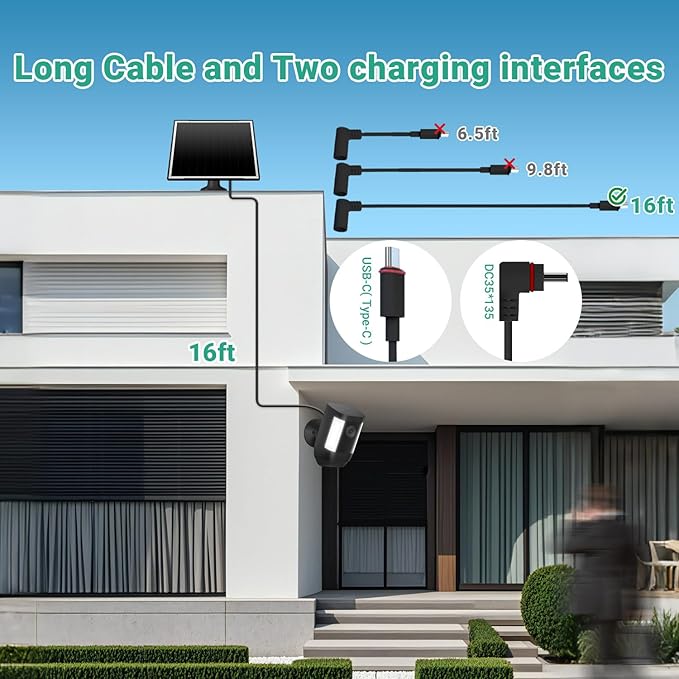 2 Pack Solar Panel for Ring Camera/Wyze Cameras, 8W Solar Charger Compatible with Stick Up Cam Pro/Plus & Spotlight Cam (Battery) Plus/Pro - Waterproof, 16ft Long Cable, DC3.5mm & USB C Ports, Black