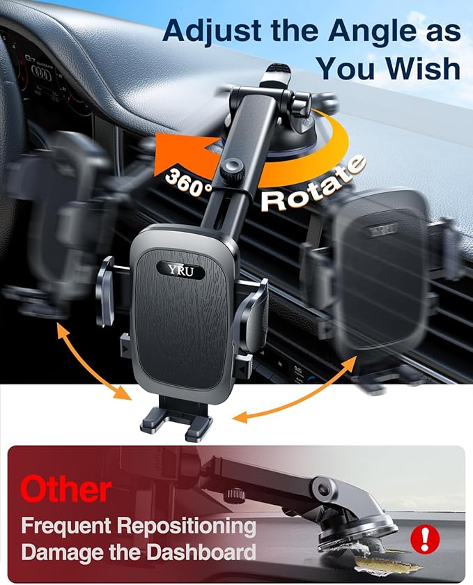 YRU True Military-Grade [360° Rotation Suction] 2026 Ultimate Car Phone Holder Mount 【90+LBS Safest Strongest & Patent Certs】 Dashboard Windshield Vent for iPhone 17 16 Pro Max Samsung, Jet Black