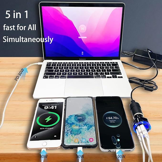Full PD 30W Multi Port USB C Car Charger Adapter 5 in 1 with Voltage Display, PD4.0/QC4.0/PPS/AFC Super Fast Charging Cigarette Lighter Adapter with Volt Meter for MacBook iPhone Galaxy Android Phones