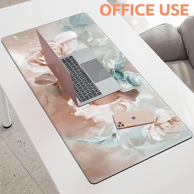 NIYLYNSYN Mouse Pad Large Rose and Leaves Non-Slip Game Desk Mat with Stitched Edge Laptop Keyboard Desk Pad for Work Home Gaming (35.4 x 15.7 Inches)