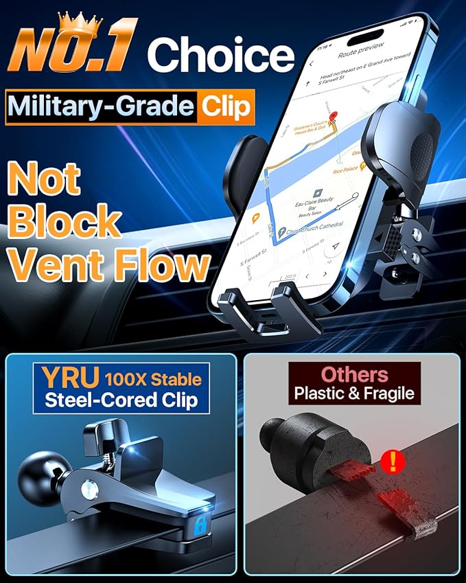 [True Upgrade for Safety] YRU Car Phone Holder Mount [Patent & Military-Grade] Dashboard Cell Phone Holder for Car Vent Windshield Phone Stand for iPhone17 16 15 14 13Pro Max Truck Samsung, Dark Black