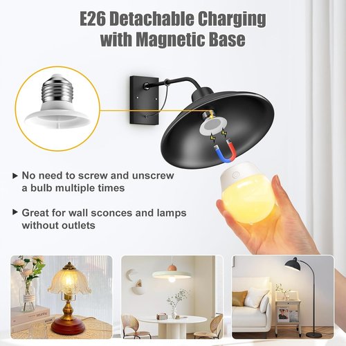 Brightown E26 Rechargeable Light Bulb - Remote & Timer, Dimmable 3 Color Temperatures + 9 RGB Colors | 2 Pack