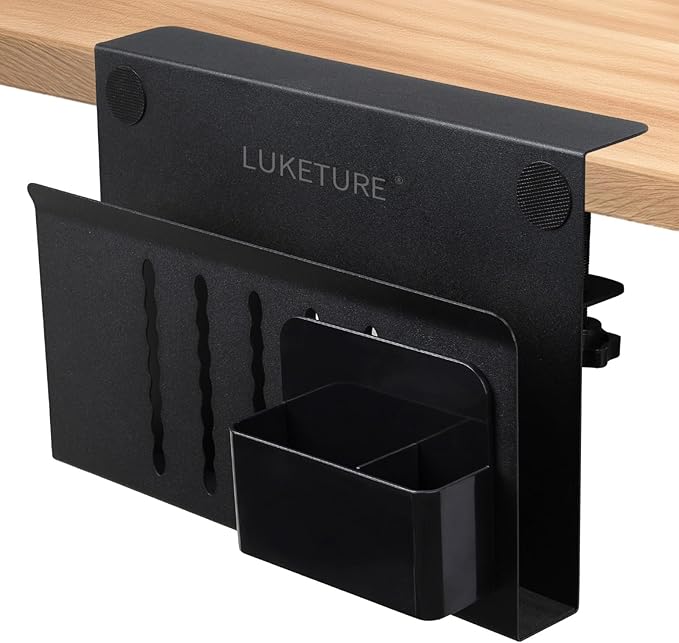 LUKETURE Laptop Holder, Steel Desk Side Storage, No Drill Standing Desk Accessories, Laptop Mount with Pen Holder, Back to School Supplies, Fits Flat Edge Tables 0.3" to 2.8" (Black, M(1 Tier))