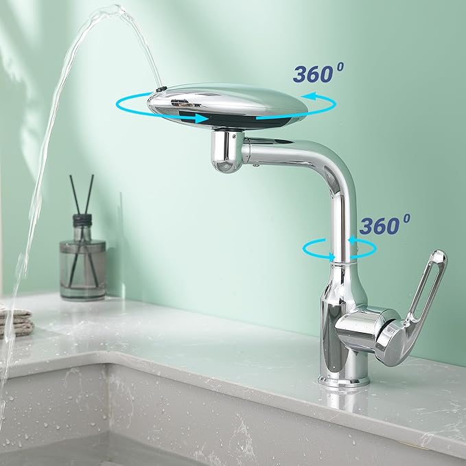 Bathroom Sink Faucet 1 Hole, Chrome Multifunctional Basin Faucet with 4 Water Outlet Modes, Modern 360°Rotatable Bar Tap with Two Water Supply Pipes