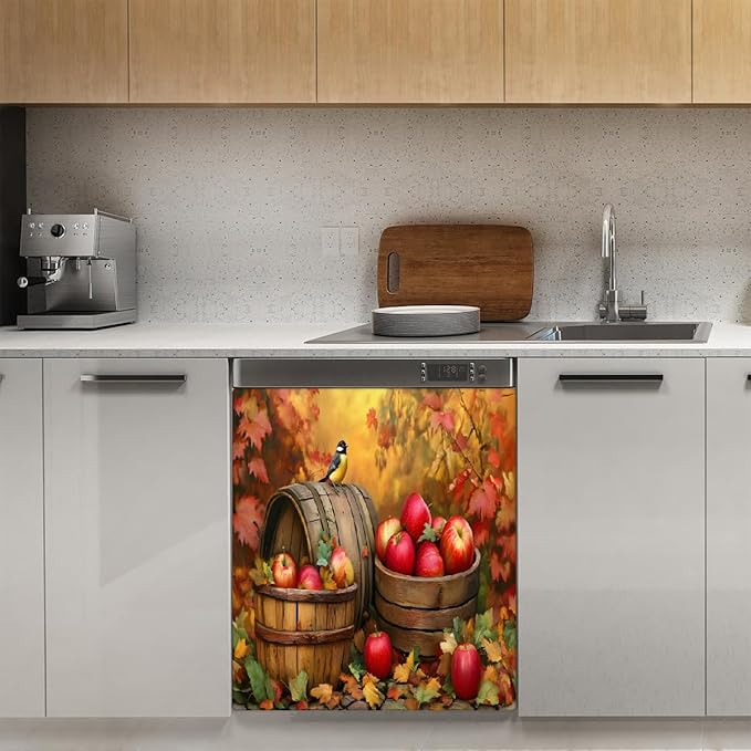 Autumn Bird Apple Maple Dishwasher Magnet Cover for The Front Magnetic Dishwasher Door Covers Dish Washer Sticker Wrap Home Decorative Appliances Panel Decal Kitchen Decor 23" x 26" (Magnetic)