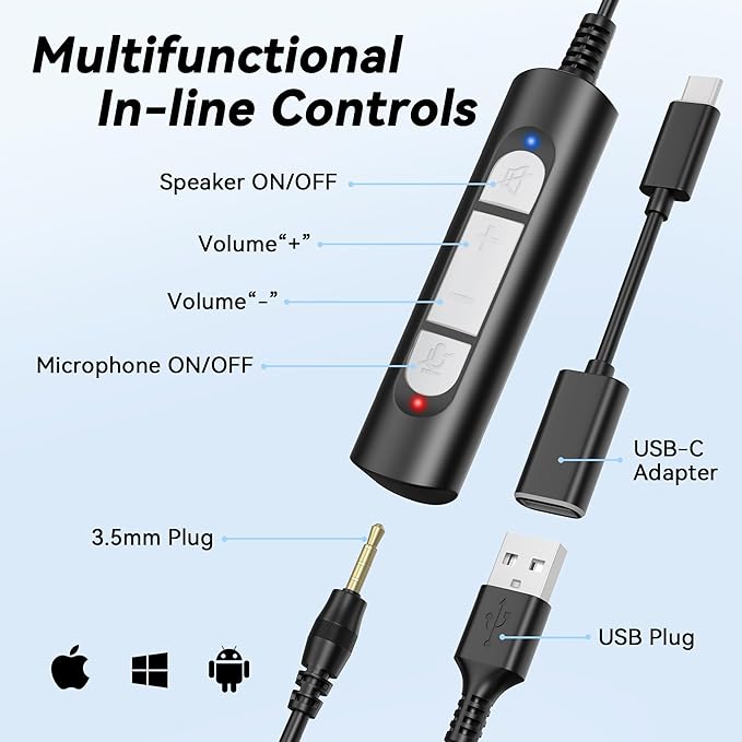 Wantek USB Headset with Microphone for PC, On-Ear Computer Headphones with Noise Cancelling Mic, Mute & Volume Control, USB/USB-C/3.5mm Wired Headset for Teams, Zoom, Online Meetings, Home Office