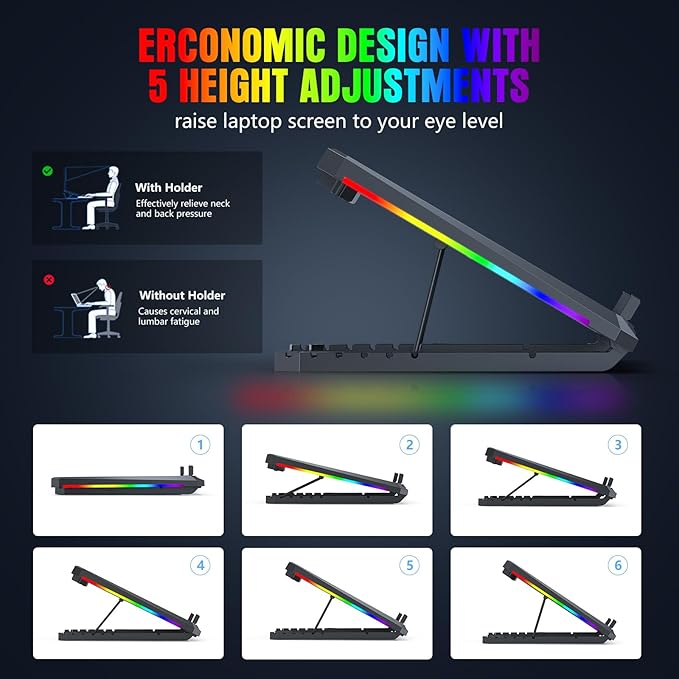 Trullypine Laptop Cooling Pad with 12 Quiet Fans, Slim Portable for 12-17.3 Inch Laptop Cooler Stand, RGB Lighting, with 5 Height Adjustable, Gaming Cooling Fan Pad,Two USB Ports, Phone Holder (LCD)